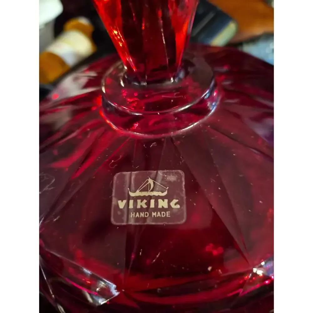 Vintage Viking Art Glass Candy Dish In Ruby Red Has An Diamond Point...